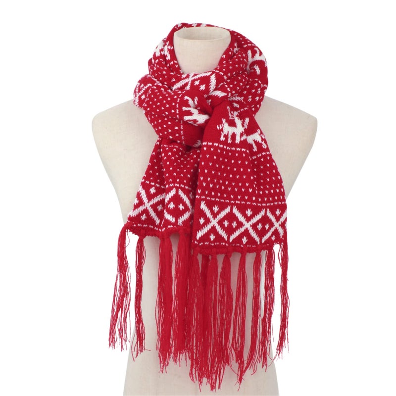 Felice Ann womens Christmas Reindeer Snowflake Fall Winter Warm Knit Long Scarf, Tassels Red, One Size - Image 4